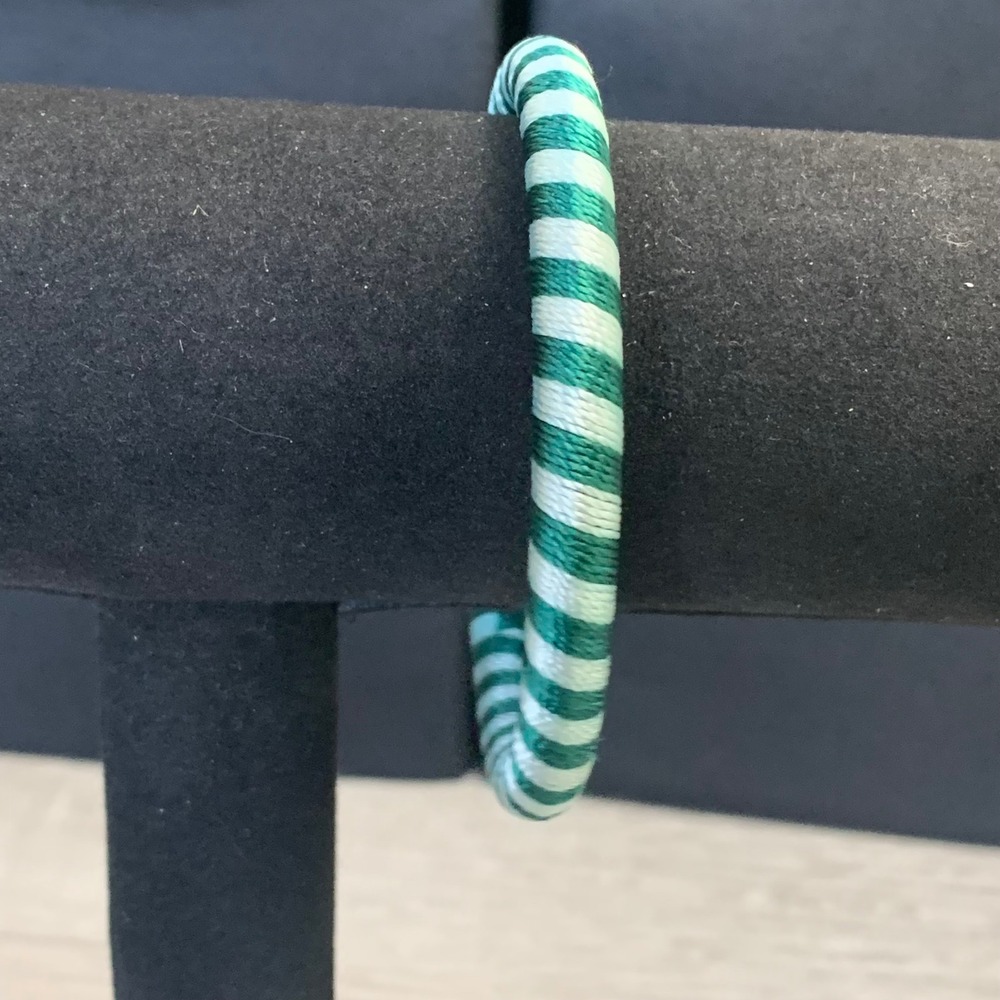 Green and White Striped Thread Wrapped Bangle Bracelet 8 Inch Circumference